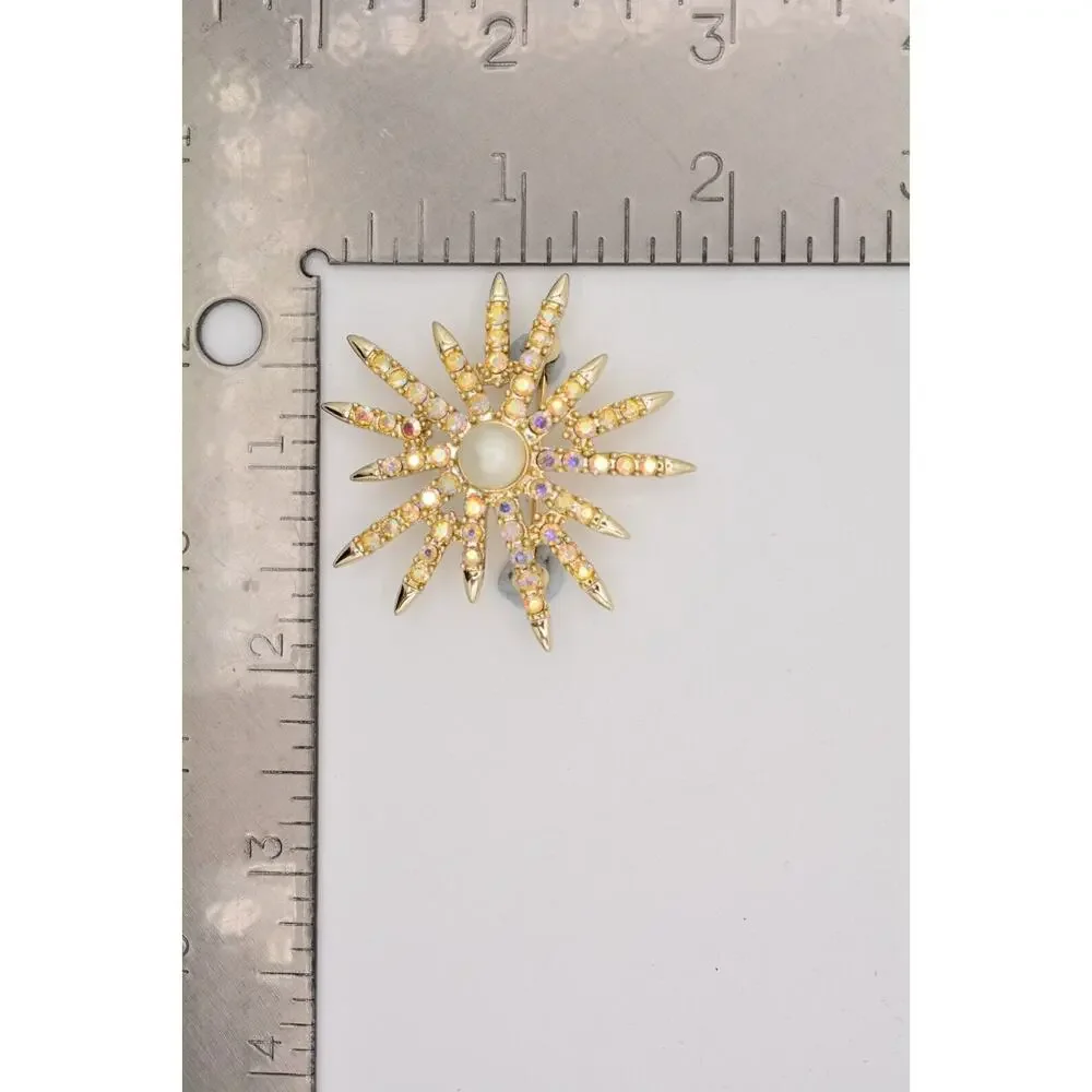 Vintage Crystal Star Pin Brooch Aurora Borealis Rhinestone Gold Tone 1980s BinAT